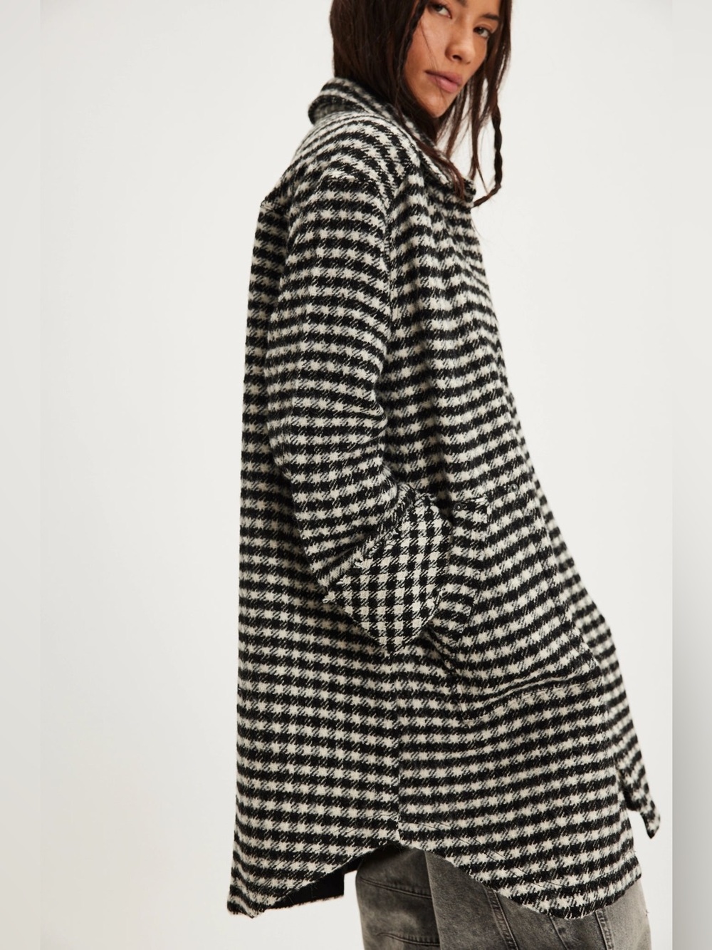 Free People We The Free Houndstooth Longline Shacket Jacket L NWT